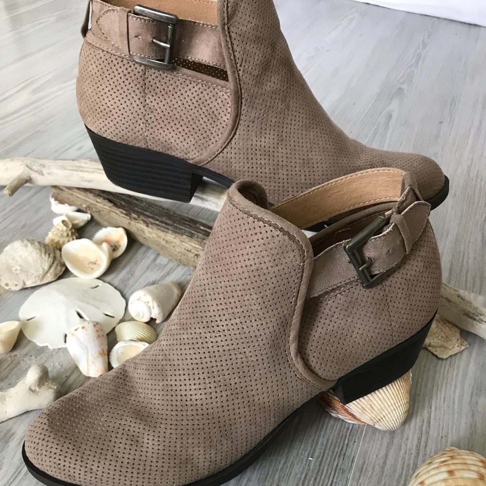 Taupe Report brand booties.